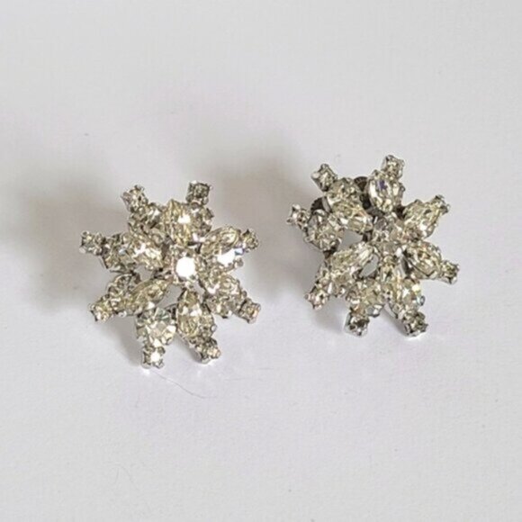 Vintage Sterling Silver Crystal Cluster Snowflake Chunky Large Stud Earrings - Picture 4 of 10